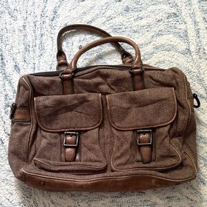 Fossil leather and wool 90s herringbone business attache overnight vintage bag